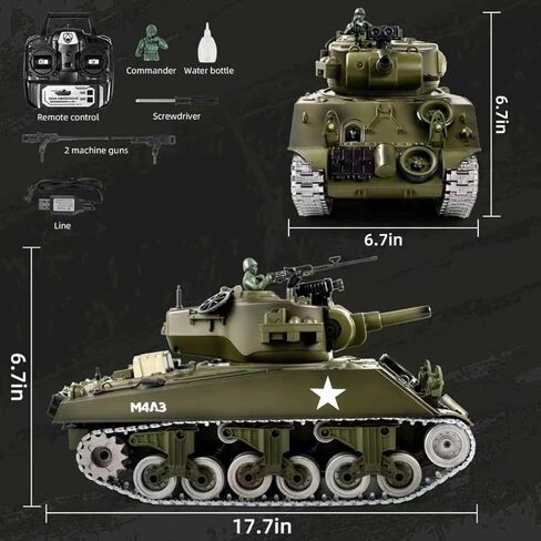 1/18 M4A3 Sherman RC Tank، دخان، ضوء LED، صوت، دبابة تحكم عن بعد 15 قناة، ألعاب عسكرية بقوة الارتداد، 60 دقيقة من أوقات اللعب، هدية ممتازة لهواة الجمع للأطفال والكبار. in Kuwait