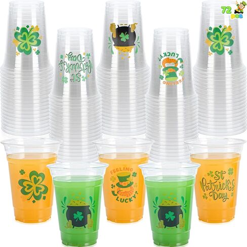 JOYIN 72 Pcs St.Patrick‘s Day 16 oz Cups, Green Disposable Plastic Lucky Clover Cups for Saint Patrick Party Supplies Set, Irish Lucky Day Party Decoration in Saudi Arabia