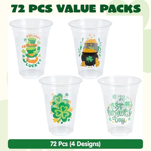 JOYIN 72 Pcs St.Patrick‘s Day 16 oz Cups, Green Disposable Plastic Lucky Clover Cups for Saint Patrick Party Supplies Set, Irish Lucky Day Party Decoration in Saudi Arabia