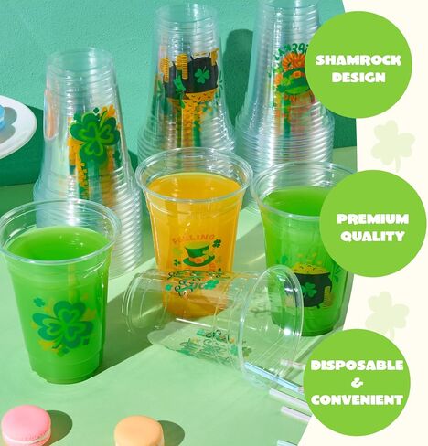 JOYIN 72 Pcs St.Patrick‘s Day 16 oz Cups, Green Disposable Plastic Lucky Clover Cups for Saint Patrick Party Supplies Set, Irish Lucky Day Party Decoration in Saudi Arabia