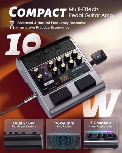 JOYO 10 واط جيتار كهربائي محمول أمبير متعدد التأثيرات، مضخم صوت دواسات مع مفتاح القدم، نماذج 14 أمبير، 3 نطاقات EQ، 36 نمط طبل وحلقة، تسجيل OTG، بلوتوث للتمرين (JAM Buddy II، أسود) in Kuwait