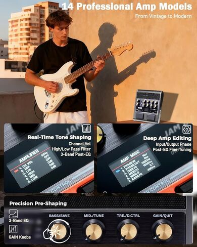 JOYO 10 واط جيتار كهربائي محمول أمبير متعدد التأثيرات، مضخم صوت دواسات مع مفتاح القدم، نماذج 14 أمبير، 3 نطاقات EQ، 36 نمط طبل وحلقة، تسجيل OTG، بلوتوث للتمرين (JAM Buddy II، أسود) in Kuwait