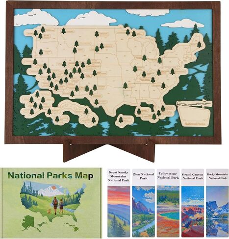 Wooden US National Parks Map Travel Tracker with Tree Pins, Stand, Wall Hangers, Marker, Double-sided Tape & Gift Box – National Park Checklist Map, Holiday and Educational Geography Gift for Adventurers, Families & Outdoor Lovers, Perfect for RV, Home &  in Saudi Arabia