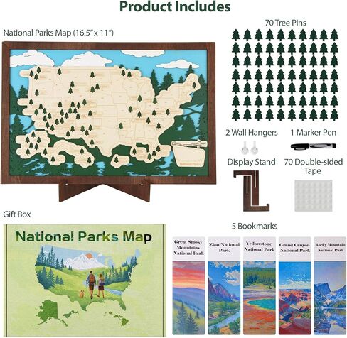 Wooden US National Parks Map Travel Tracker with Tree Pins, Stand, Wall Hangers, Marker, Double-sided Tape & Gift Box – National Park Checklist Map, Holiday and Educational Geography Gift for Adventurers, Families & Outdoor Lovers, Perfect for RV, Home &  in Saudi Arabia