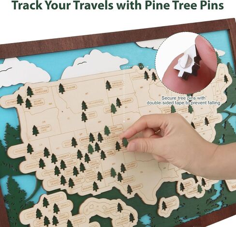 Wooden US National Parks Map Travel Tracker with Tree Pins, Stand, Wall Hangers, Marker, Double-sided Tape & Gift Box – National Park Checklist Map, Holiday and Educational Geography Gift for Adventurers, Families & Outdoor Lovers, Perfect for RV, Home &  in Saudi Arabia