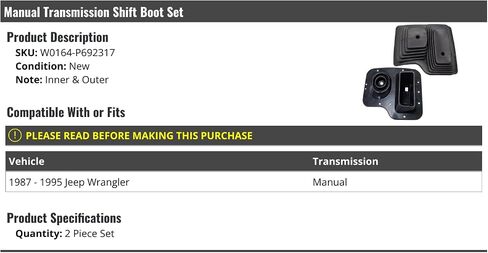 Inner and Outer Manual Transmission Shift Boot Set - 2 Piece - Compatible with 1987-1995 Jeep Wrangler (with Manual Transmission) in Saudi Arabia