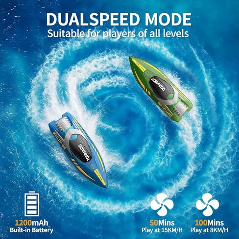 قارب RC مكون من قطعتين من قوارب التحكم عن بعد للأطفال والكبار، قوارب RC مقاومة للماء ببرغي مزدوج 15 كم/ساعة مع جهاز تحكم عن بعد 2.4 جيجا هرتز، أضواء LED، قلب بمفتاح واحد، أوضاع سرعة مزدوجة، 4 بطاريات قابلة لإعادة الشحن، سباقات حمام السباحة والبحيرة in Kuwait