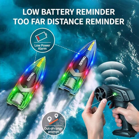 قارب RC مكون من قطعتين من قوارب التحكم عن بعد للأطفال والكبار، قوارب RC مقاومة للماء ببرغي مزدوج 15 كم/ساعة مع جهاز تحكم عن بعد 2.4 جيجا هرتز، أضواء LED، قلب بمفتاح واحد، أوضاع سرعة مزدوجة، 4 بطاريات قابلة لإعادة الشحن، سباقات حمام السباحة والبحيرة in Kuwait