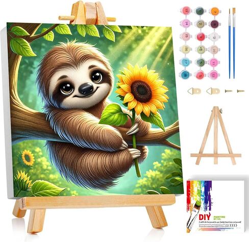 مجموعة طلاء الكسلان من جيموزايك بالأرقام للأطفال مع إطار وحامل، طلاء بالأرقام للأطفال من سن 8 إلى 12 سنة، لوحة زيتية أكريليك DIY لديكور جدار المنزل، 8 × 8 بوصة in Kuwait