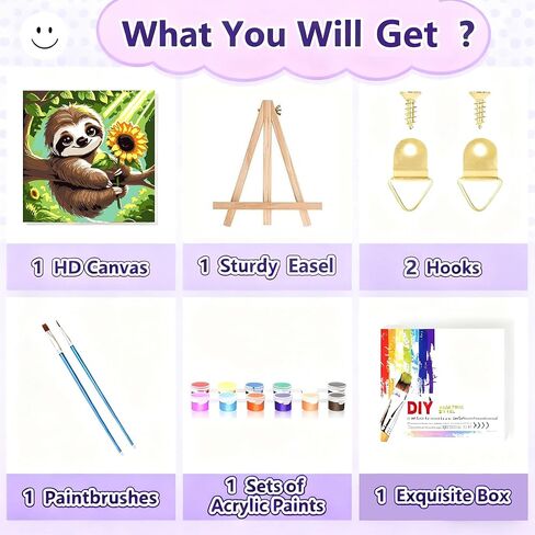 مجموعة طلاء الكسلان من جيموزايك بالأرقام للأطفال مع إطار وحامل، طلاء بالأرقام للأطفال من سن 8 إلى 12 سنة، لوحة زيتية أكريليك DIY لديكور جدار المنزل، 8 × 8 بوصة in Kuwait