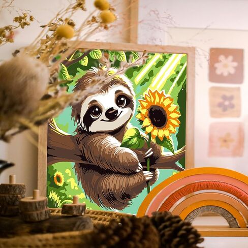 مجموعة طلاء الكسلان من جيموزايك بالأرقام للأطفال مع إطار وحامل، طلاء بالأرقام للأطفال من سن 8 إلى 12 سنة، لوحة زيتية أكريليك DIY لديكور جدار المنزل، 8 × 8 بوصة in Kuwait