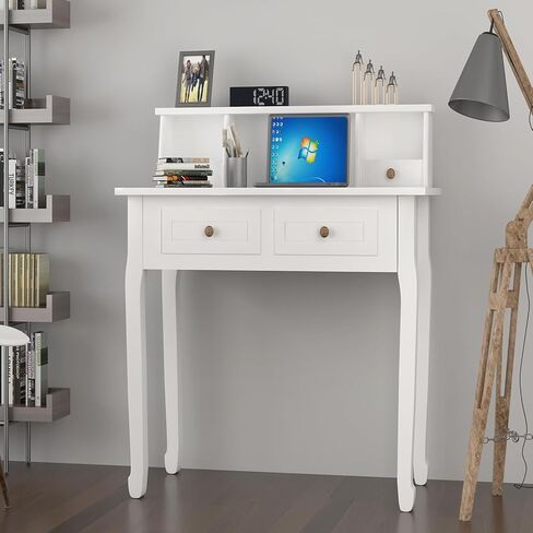 DMAITH Small White Writing Desk with Hutch – 32" Home Office Desk with Drawers | Compact Computer Desk, Vanity Makeup Table for Bedroom or Study Room in Saudi Arabia