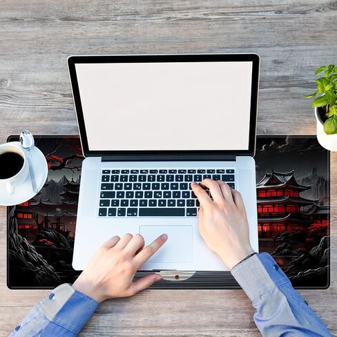 حصيرة مكتب يابانية لوحة مكتب على شكل قمر كامل أسود وأحمر كبير لوحة ماوس للألعاب لوحة مفاتيح ممتدة للكمبيوتر المحمول - 11.8 × 31.5 بوصة in Saudi Arabia