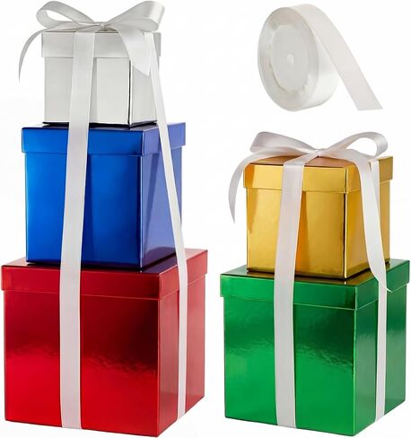 صندوق هدايا عيد الميلاد 5 قطع من Cholemy مع غطاء وشريط، 5 مقاسات مختلطة مربعة متداخلة لبطاقة تذكار الزفاف، صندوق هدايا، صناديق التعشيش، صندوق هدايا، صناديق تغليف هدايا لعيد ميلاد وصيفة العروس (أزرق) in Kuwait