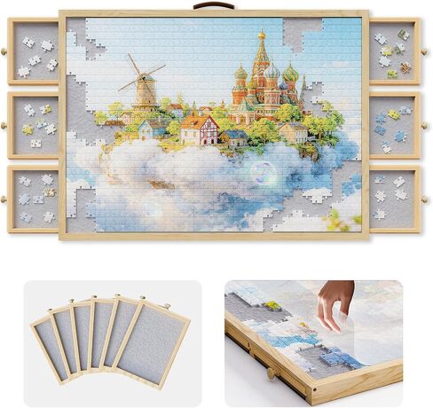 1500 Pcs Puzzle Board for Adults,Wooden Puzzle Table with 6 Drawers & Cover, Portable Jigsaw Wood Table with Non-Slip Felt，35"x26.2" in Saudi Arabia