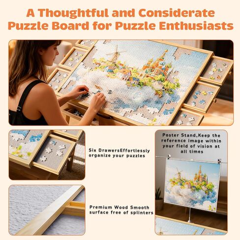 1500 Pcs Puzzle Board for Adults,Wooden Puzzle Table with 6 Drawers & Cover, Portable Jigsaw Wood Table with Non-Slip Felt，35"x26.2" in Saudi Arabia