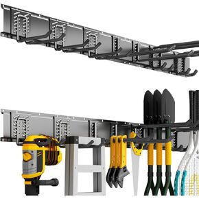 منظم أدوات المرآب مثبت على الحائط، نظام تخزين منظم أدوات الحديقة شديد التحمل مقاس 48 بوصة، سهل التركيب مع 6 خطافات مستقيمة قابلة للتعديل، للمرآب، الطابق السفلي، السقيفة، ورشة عمل (أسود) in Kuwait