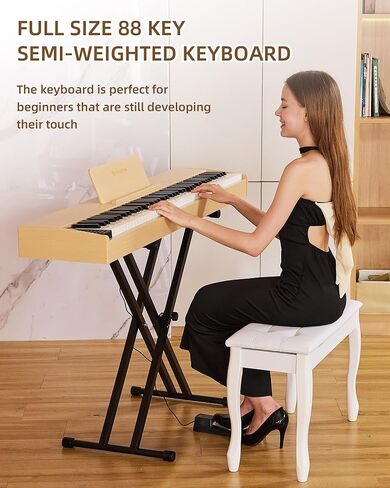 بيانو رقمي 88 مفتاحًا ولوحة مفاتيح شبه مرجحة مع حامل X ودواسة مستدامة، بيانو كهربائي كامل الحجم للمبتدئين للبلوتوث، وضع سماعة الرأس، USB-MIDI in Kuwait