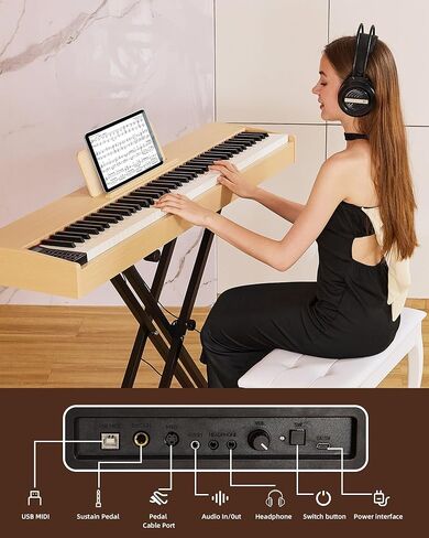 بيانو رقمي 88 مفتاحًا ولوحة مفاتيح شبه مرجحة مع حامل X ودواسة مستدامة، بيانو كهربائي كامل الحجم للمبتدئين للبلوتوث، وضع سماعة الرأس، USB-MIDI in Kuwait