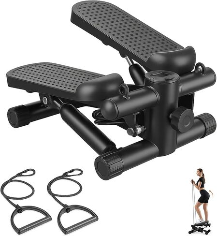 سلالم صغيرة مع أشرطة مقاومة للتمرين في المنزل، آلة ستيبر قابلة للحمل لتمرين الجسم بالكامل، ستيبر لياقة هيدروليكي مع شاشة LCD، أسود in Kuwait