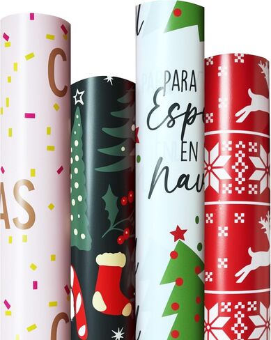 4 Rolls Christmas Wrapping Paper Rolls, 17 Inch x 16.5 Feet per Roll, Totaling 94 sq. ft. – Reindeer, Tree, Snowflake & Pink Letter Designs, Eco-Friendly & Durable Gift Wrap for Christmas Presents and Holiday Decorations in Saudi Arabia