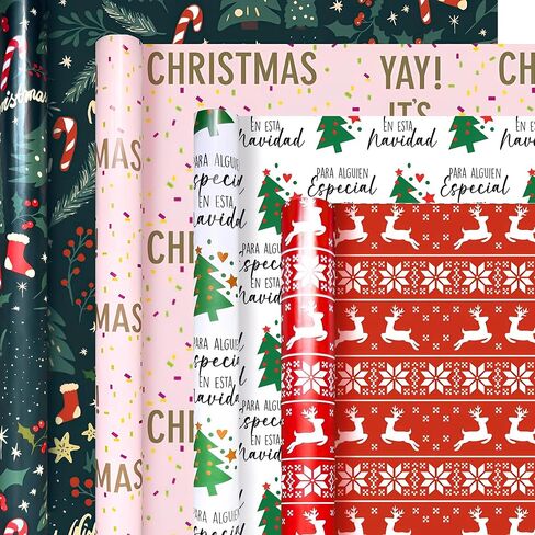 4 Rolls Christmas Wrapping Paper Rolls, 17 Inch x 16.5 Feet per Roll, Totaling 94 sq. ft. – Reindeer, Tree, Snowflake & Pink Letter Designs, Eco-Friendly & Durable Gift Wrap for Christmas Presents and Holiday Decorations in Saudi Arabia