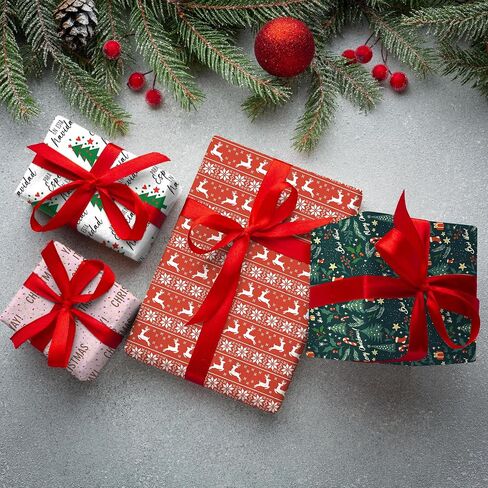 4 Rolls Christmas Wrapping Paper Rolls, 17 Inch x 16.5 Feet per Roll, Totaling 94 sq. ft. – Reindeer, Tree, Snowflake & Pink Letter Designs, Eco-Friendly & Durable Gift Wrap for Christmas Presents and Holiday Decorations in Saudi Arabia