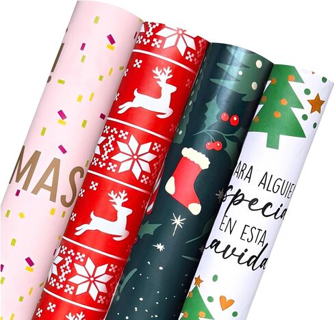 4 Rolls Christmas Wrapping Paper Rolls, 17 Inch x 16.5 Feet per Roll, Totaling 94 sq. ft. – Reindeer, Tree, Snowflake & Pink Letter Designs, Eco-Friendly & Durable Gift Wrap for Christmas Presents and Holiday Decorations in Saudi Arabia