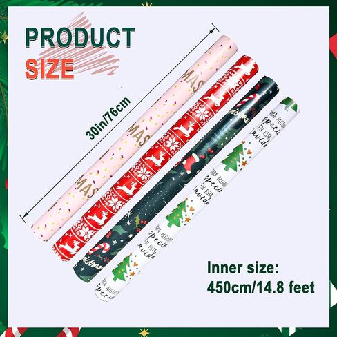 4 Rolls Christmas Wrapping Paper Rolls, 17 Inch x 16.5 Feet per Roll, Totaling 94 sq. ft. – Reindeer, Tree, Snowflake & Pink Letter Designs, Eco-Friendly & Durable Gift Wrap for Christmas Presents and Holiday Decorations in Saudi Arabia