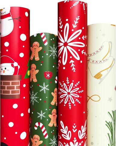 Christmas Wrapping Paper Set of 4 Rolls (93 sq. ft. ttl) With Colorful Holiday Patterns Santa Claus, Reindeer, Christmas Tree, Snowman, snowflakes for Gifts - 17 inches x 16.5 feet Per Roll in Saudi Arabia