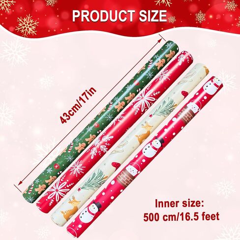 Christmas Wrapping Paper Set of 4 Rolls (93 sq. ft. ttl) With Colorful Holiday Patterns Santa Claus, Reindeer, Christmas Tree, Snowman, snowflakes for Gifts - 17 inches x 16.5 feet Per Roll in Saudi Arabia