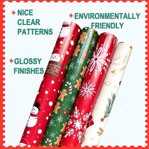 Christmas Wrapping Paper Set of 4 Rolls (93 sq. ft. ttl) With Colorful Holiday Patterns Santa Claus, Reindeer, Christmas Tree, Snowman, snowflakes for Gifts - 17 inches x 16.5 feet Per Roll in Saudi Arabia