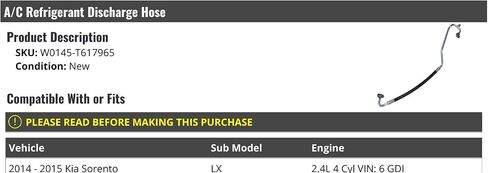 A/C Discharge Hose - Compatible with 2014-2015 Kia Sorento LX 2.4L 4-Cylinder VIN 6 GDI in Saudi Arabia