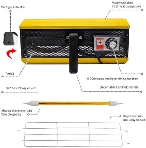 Shortwave Heat Lamp for Paint Drying - 1000W/2000W Repair Light, 110V/220V Compatible, Ideal for Paint Booths and Repair Work in Saudi Arabia
