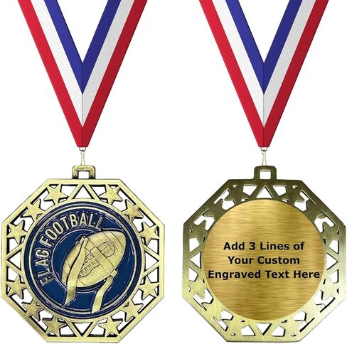 Express Medals Flag Football Gold Medals Trophy Award with Neck Ribbons EMDC214FFB - (Pack of 10) in Saudi Arabia