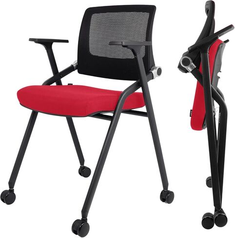 2 Pack Foldable Office Chairs with Wheels, Mesh Back, Arms and Portable - Folding Office Chairs for Conference Room Chair, Office Guest & Reception & Meeting Chair - (Red) 300 lbs. in Saudi Arabia