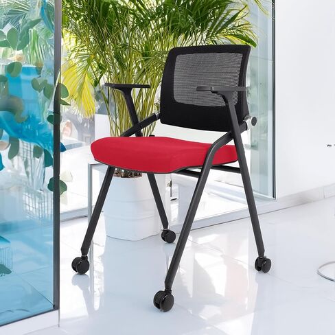 2 Pack Foldable Office Chairs with Wheels, Mesh Back, Arms and Portable - Folding Office Chairs for Conference Room Chair, Office Guest & Reception & Meeting Chair - (Red) 300 lbs. in Saudi Arabia