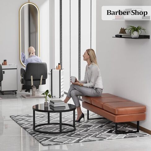 Waiting Room Bench Seating, Salon Reception Chairs 3 Seats Upholstered, 59.5''Heavy Duty Guest Lobby Chairs, Faux Leather Settee, Office Beauty Barbershop Furniture, Cognac in Saudi Arabia
