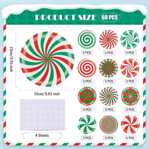 FOBSME 60 Pcs Christmas Peppermint Candies Cutouts 5.91 Inch Peppermint Candy Bulletin Board Cutouts Round Paper Candy Die-Cuts Candyland Classroom Decorations for Xmas Winter Holiday Decor,12 Styles in Saudi Arabia