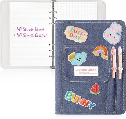 GEOFF Retro Denim DIY A5 Binder 6 Ring Refillable Journal 100Pages, Handmade Writing Notebook and pen case integrated for Office or Travel in Saudi Arabia