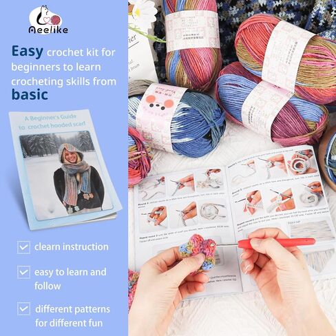 Aeelike Crochet Kit for Beginners Adults, Learn to Make Crochet Hooded Scarf with Soft Yarns Crochet Hooks Size E/4 G/6 Detailed Instructions, Easy Crocheting Starter Kits, Blue in Saudi Arabia