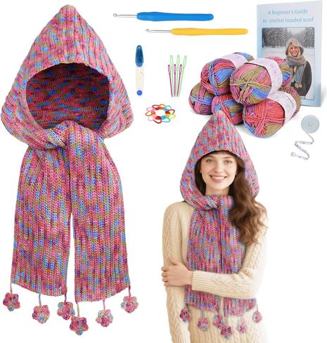 Aeelike Crochet Kit for Beginners Adults, Learn to Make Crochet Hooded Scarf with Soft Yarns Crochet Hooks Size E/4 G/6 Detailed Instructions, Easy Crocheting Starter Kits, Blue in Saudi Arabia