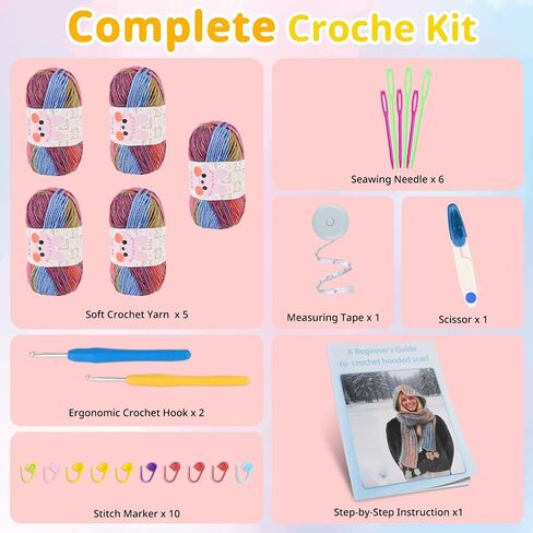 Aeelike Crochet Kit for Beginners Adults, Learn to Make Crochet Hooded Scarf with Soft Yarns Crochet Hooks Size E/4 G/6 Detailed Instructions, Easy Crocheting Starter Kits, Blue in Saudi Arabia