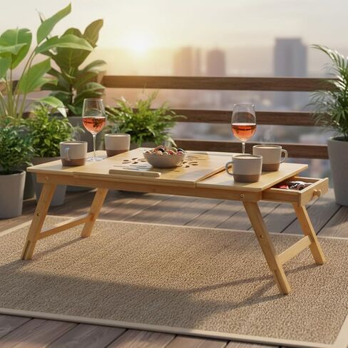 WoodNest - مكتب لاب توب من الخيزران، مكتب كمبيوتر محمول، محطة عمل محمولة، زاوية ارتفاع قابلة للتعديل، صينية قابلة للطي لأرضية الأريكة والسرير، درج مع إغلاق مغناطيسي، لوحة ماوس، فتحة هاتف، مقبض جلدي. in Kuwait