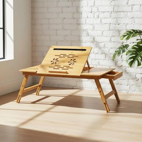 WoodNest - مكتب لاب توب من الخيزران، مكتب كمبيوتر محمول، محطة عمل محمولة، زاوية ارتفاع قابلة للتعديل، صينية قابلة للطي لأرضية الأريكة والسرير، درج مع إغلاق مغناطيسي، لوحة ماوس، فتحة هاتف، مقبض جلدي. in Kuwait