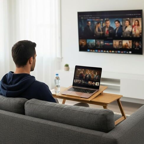 WoodNest - مكتب لاب توب من الخيزران، مكتب كمبيوتر محمول، محطة عمل محمولة، زاوية ارتفاع قابلة للتعديل، صينية قابلة للطي لأرضية الأريكة والسرير، درج مع إغلاق مغناطيسي، لوحة ماوس، فتحة هاتف، مقبض جلدي. in Kuwait