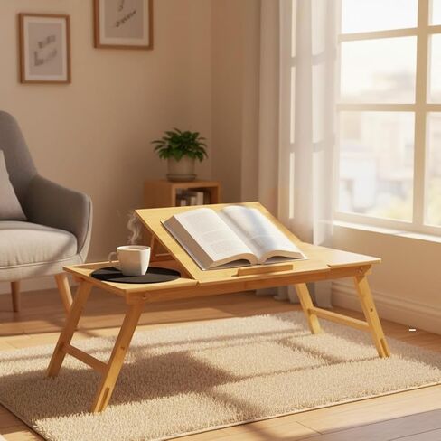 WoodNest - مكتب لاب توب من الخيزران، مكتب كمبيوتر محمول، محطة عمل محمولة، زاوية ارتفاع قابلة للتعديل، صينية قابلة للطي لأرضية الأريكة والسرير، درج مع إغلاق مغناطيسي، لوحة ماوس، فتحة هاتف، مقبض جلدي. in Kuwait