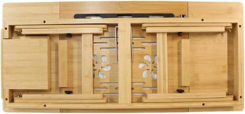 WoodNest - مكتب لاب توب من الخيزران، مكتب كمبيوتر محمول، محطة عمل محمولة، زاوية ارتفاع قابلة للتعديل، صينية قابلة للطي لأرضية الأريكة والسرير، درج مع إغلاق مغناطيسي، لوحة ماوس، فتحة هاتف، مقبض جلدي. in Kuwait