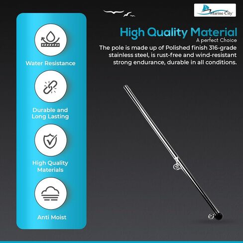 MARINE CITY 316 Stainless Steel Rail Mount Flag Staff Pole - Bright Polished Finish, 32 Inches - Ideal for Boats, Yachts, Marines, RVs, Fishing Boats in Saudi Arabia