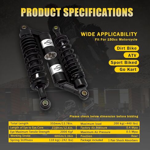 Universal 320mm Shock Absorber, Damping System for Street Bikes, Go Karts, Scooters & ATVs, Motorcycle Rear Suspension Upgrade,BLACK in Saudi Arabia